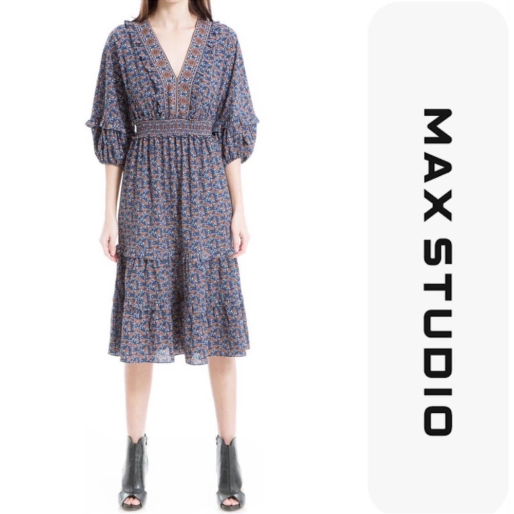 Max Studio Floral Balloon Sleeve MIDI Dress*NWT sz Large